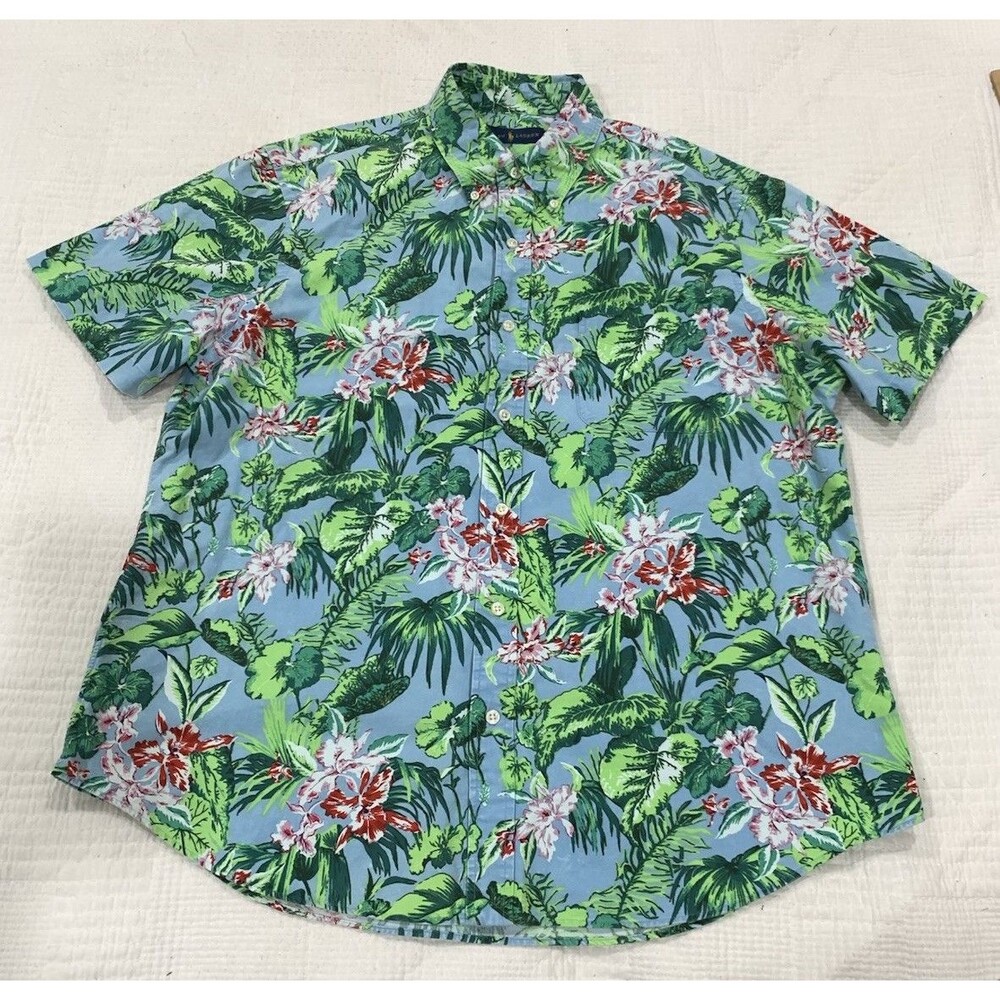 Polo Ralph Lauren Hawaiian Aloha Camp Shirt XL Green Blue Tropical Classic Fit